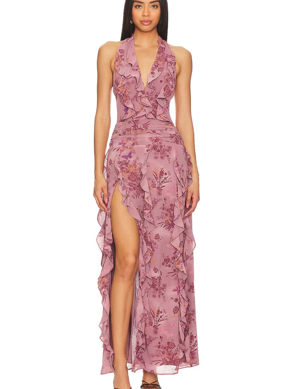 NBD Dusty Rose Floral Asymmetrical Ruffle Maxi Dress